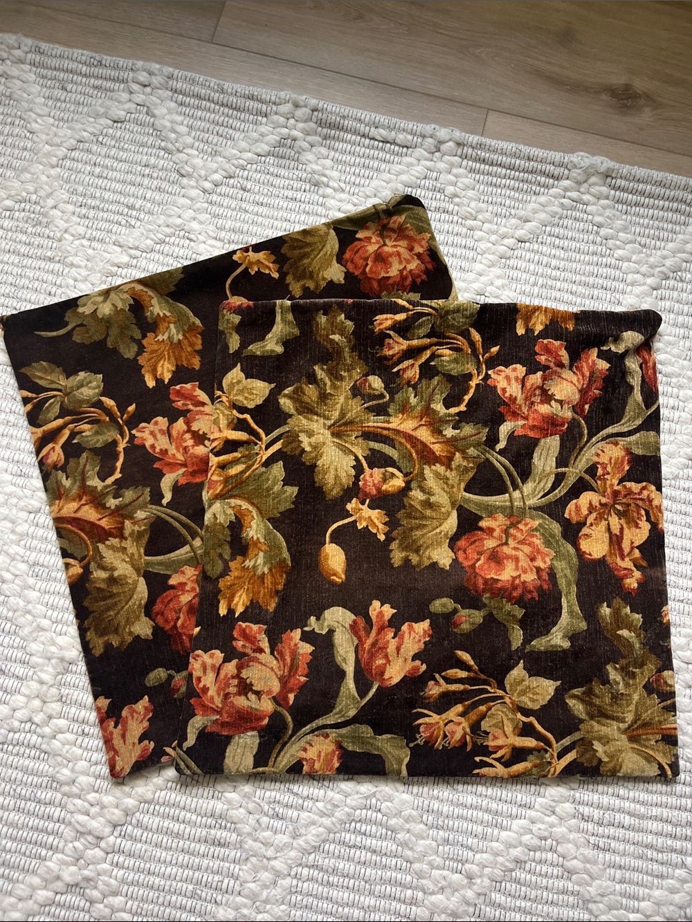 Floral Velvet Throw Pillow Covers in Brown and Green
